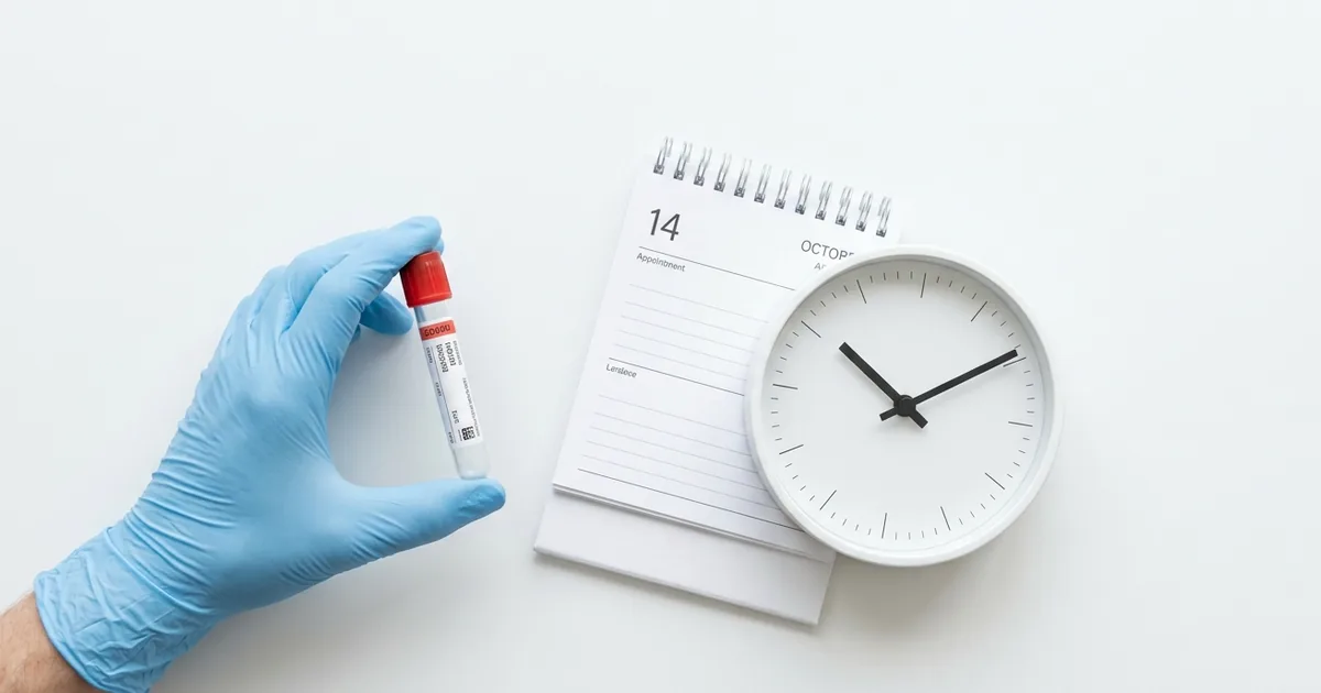 A gloved hand holding a sample vial next to a calendar and clock representing sperm donation timing