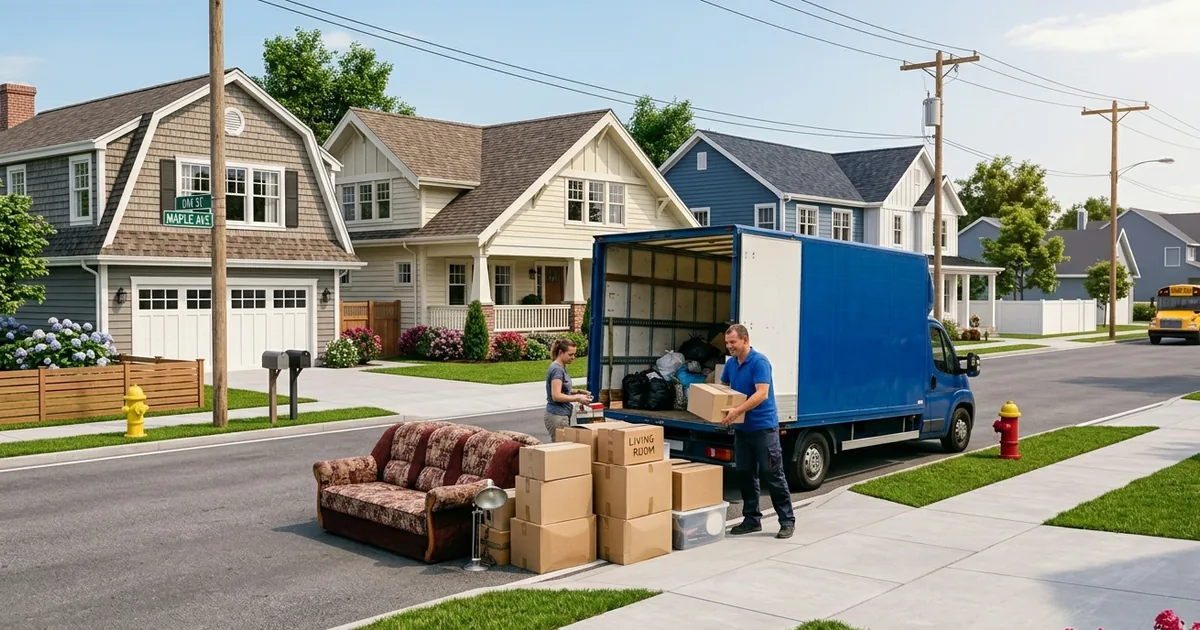 A charity donation truck at a curb collecting a sofa and boxes for a free Salvation Army pickup