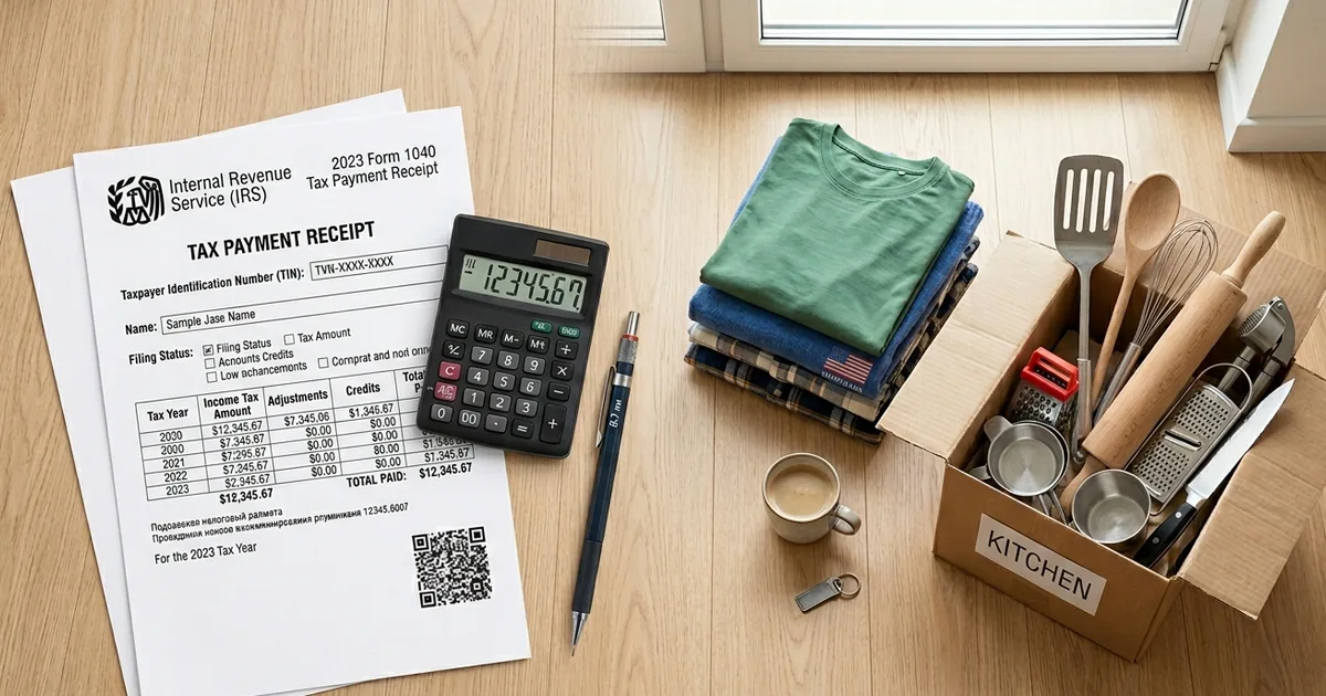 A donation tax receipt and calculator beside folded donated clothes and a box of kitchenware