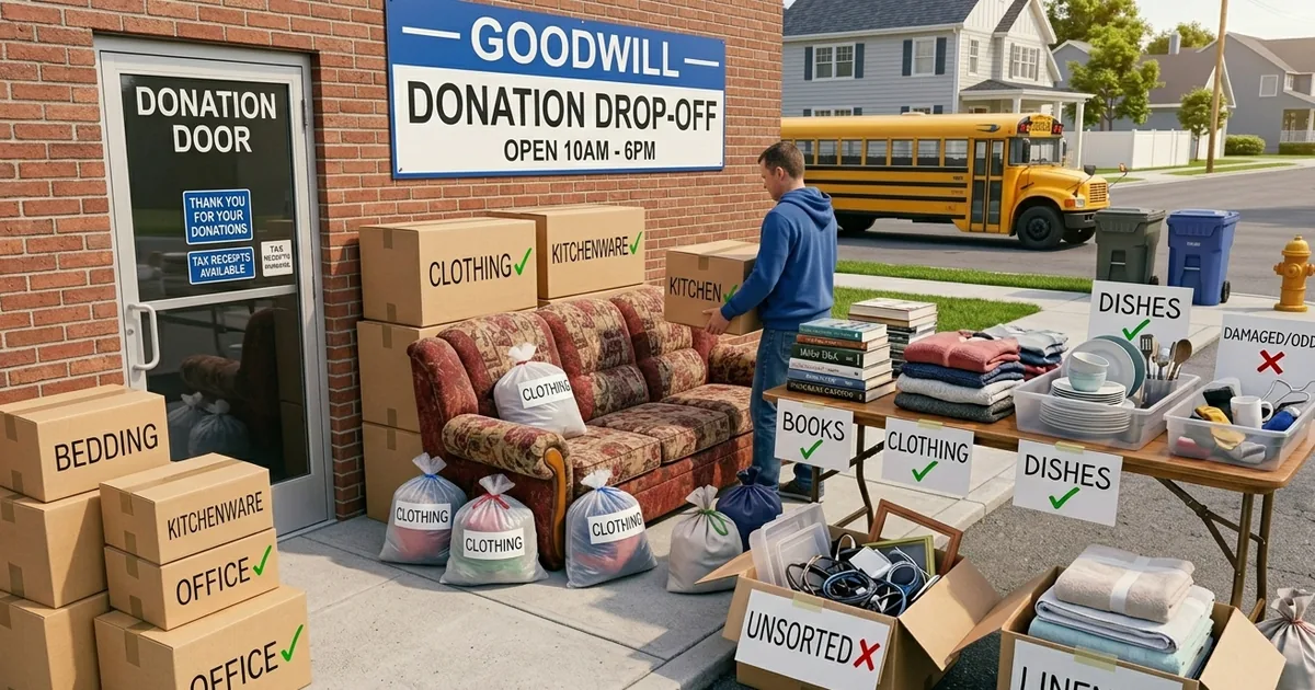 A Goodwill donation drop-off with boxes and bags of clothing, books and housewares