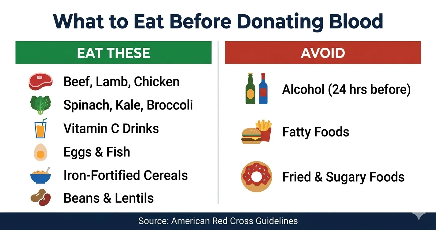 What to eat before donating blood — foods to eat vs foods to avoid infographic
